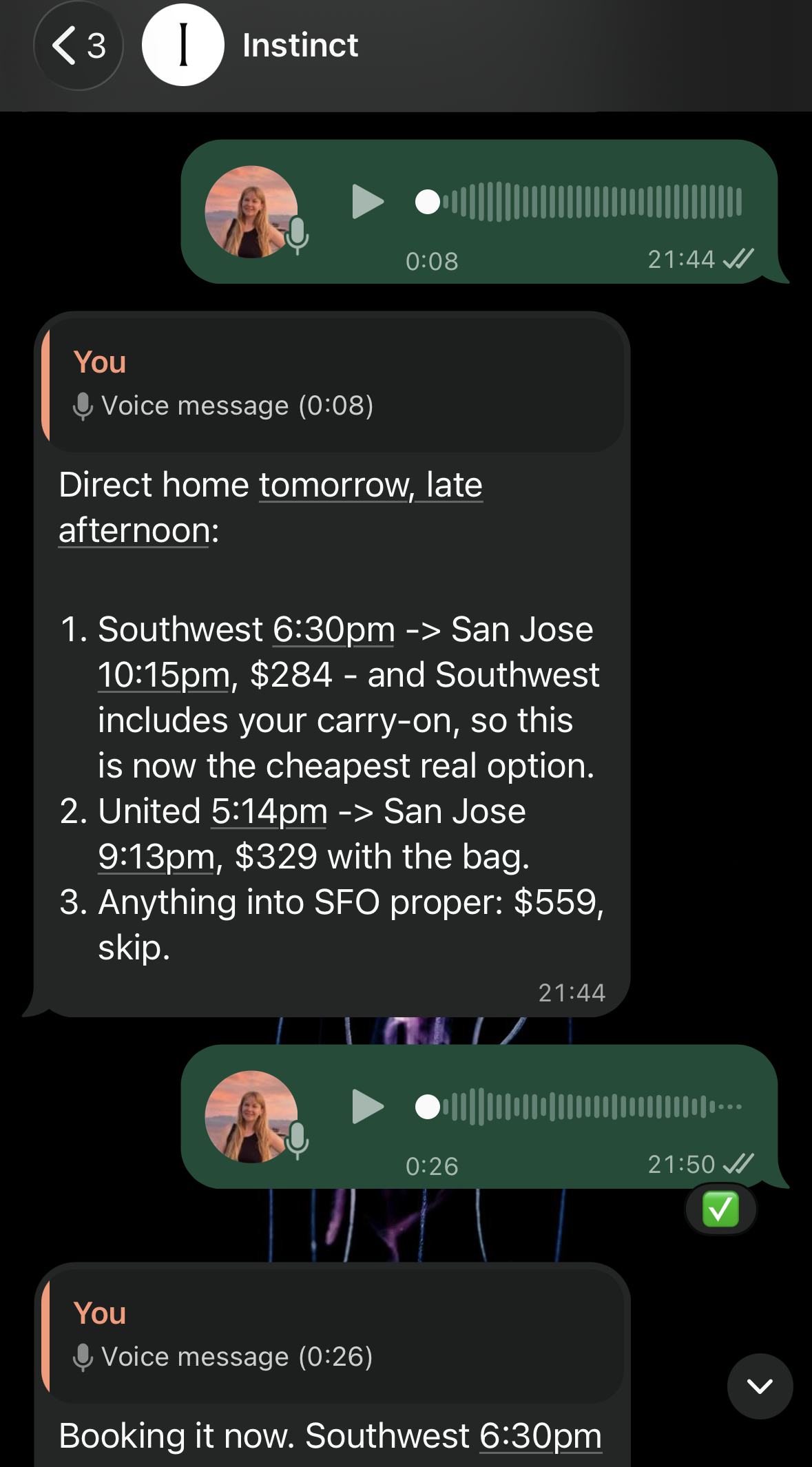 WhatsApp conversation with Instinct comparing flights from Tulsa to San Jose and SFO, followed by a booking confirmation.